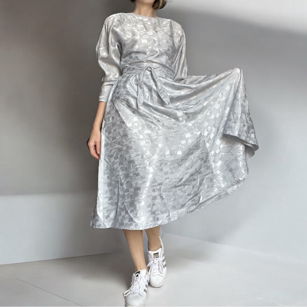 Vintage 80s Leslie Fay Jacquard Metallic Midi Dress Small
